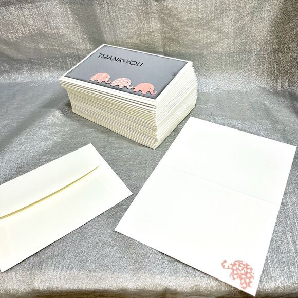 THANK YOU CARDS 30-Pack Girl Baby Shower - Pink Elephants /Gray with envelopes - Picture 3 of 5